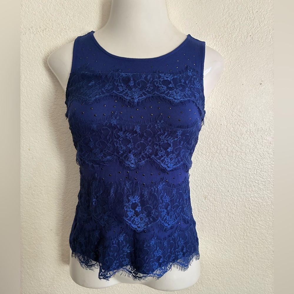 Style & Co. Y2K Royal Blue Sleveless Lace Righstones Blouse PS